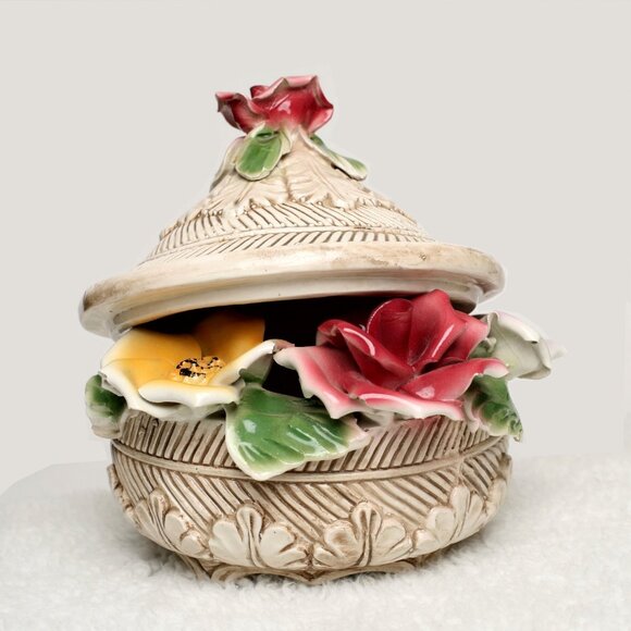 ITALIAN Porcelain Floral Basket with Lid Vintage Capodimonte